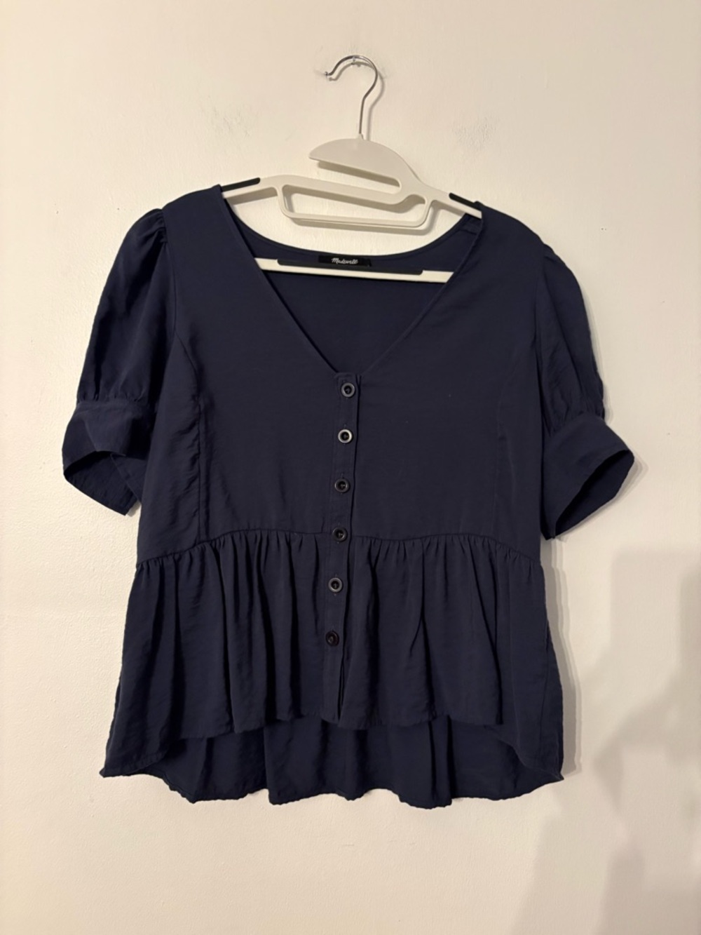 Madewell Navy V-Neck Button-Front Peplum Blouse